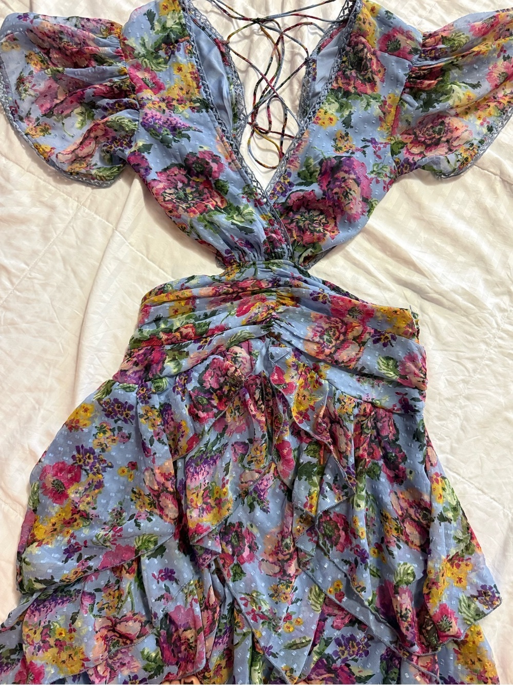 NWT Boohoo Petite Floral Dobby Mesh Cut Out Maxi Dress Blue US 10 - Picture 10 of 10